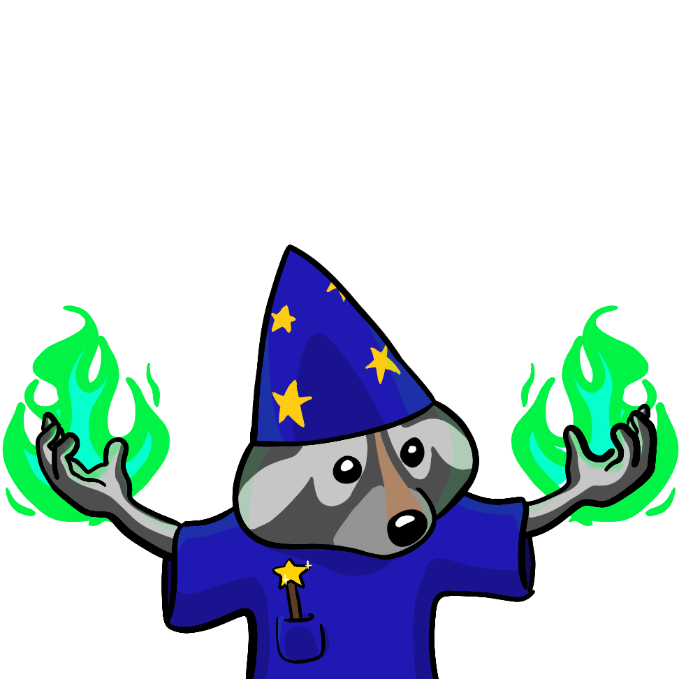 A combination of RaccAttack and Twitch's PowerUp emotes creates this raccoon with a star-spangled blue hat & garb with green magic emanating from its paws, drawn by twitch.tv/Pilzkman