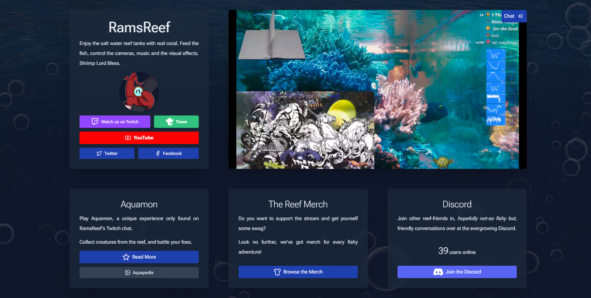 RamsReef dark mode landing page.