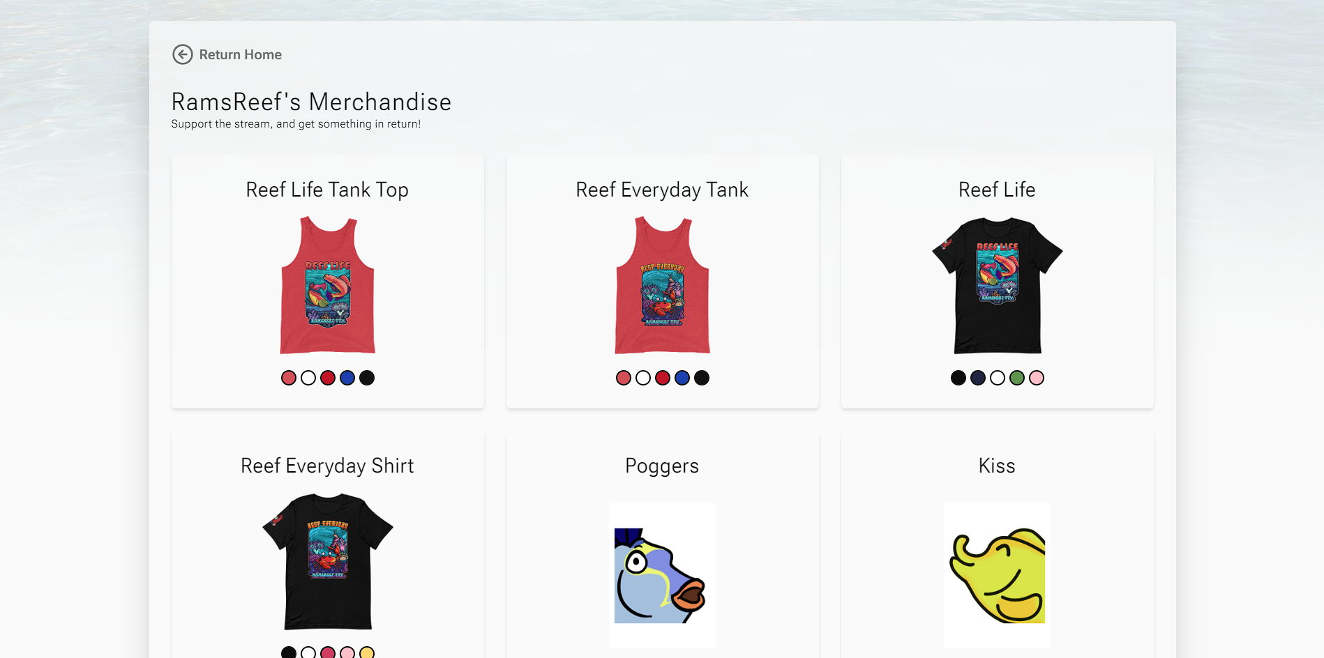 Merch showcase page.